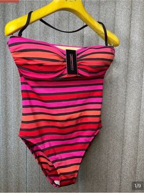 Vintage La Blanca Hot Pink, Orange & Black Striped One-Piece SwimsuitS-10